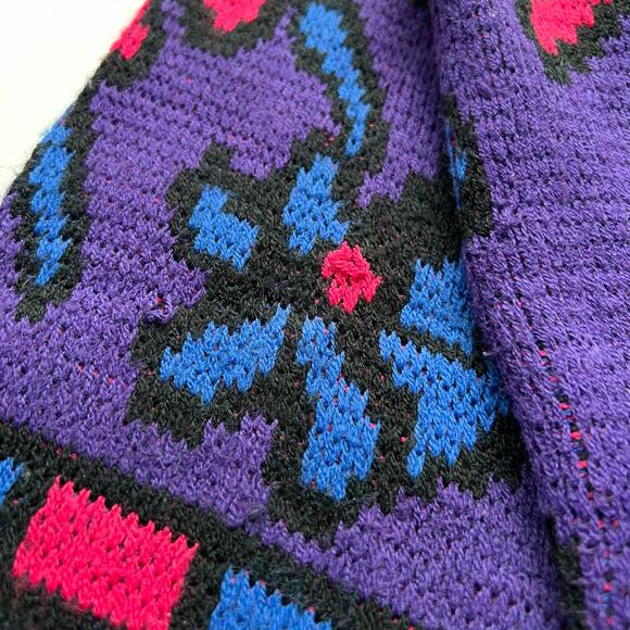 Vintage Abstract Flower Art Pattern Knit Sweater M Contemporary Purple Pink Blue - Picture 9 of 12